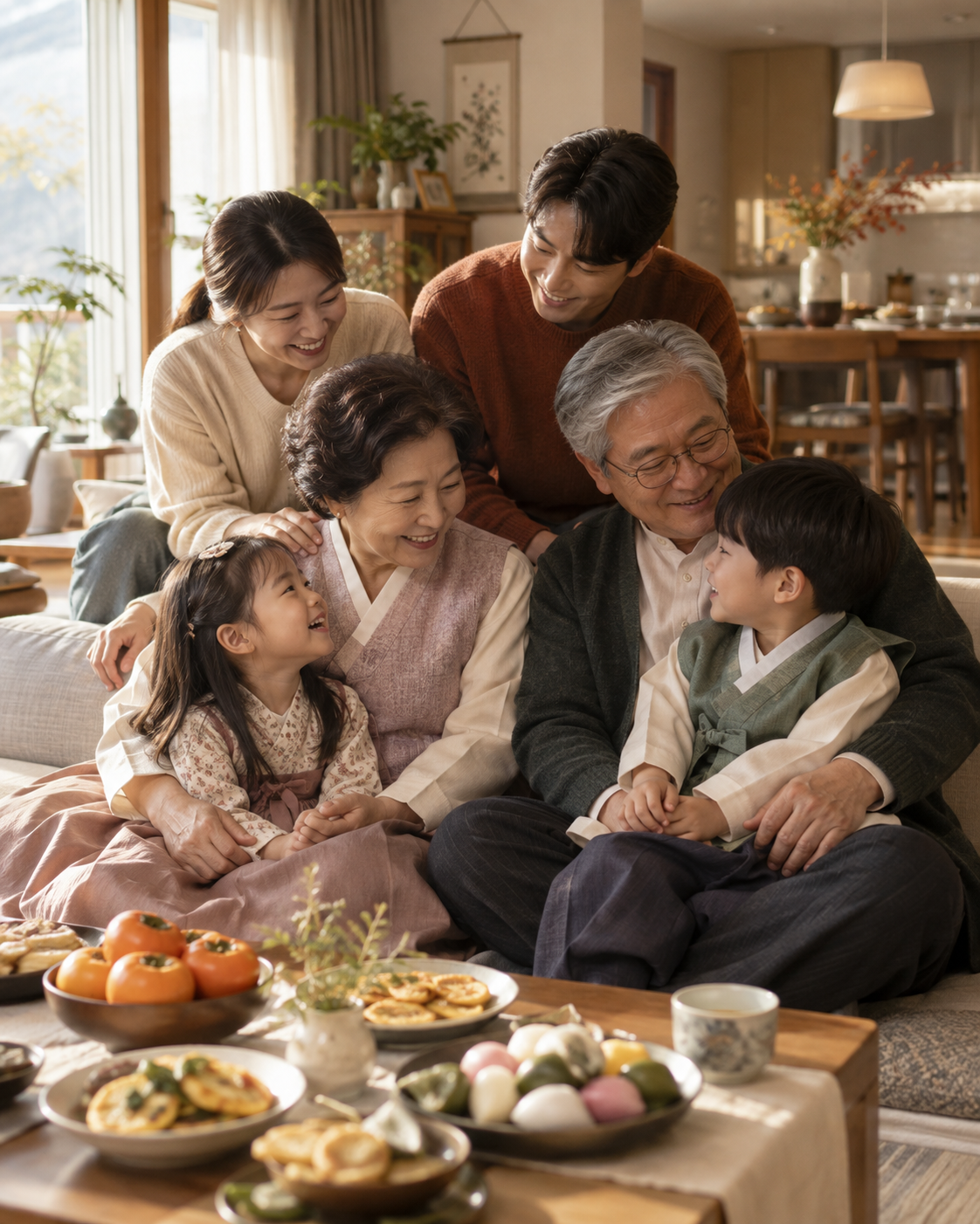 추석에 한자리에 모여 웃고 있는 가족